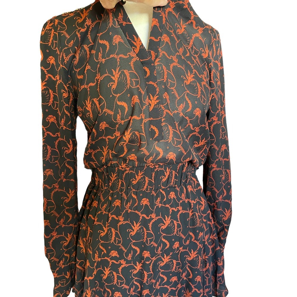 A.L.C. Womens V-Neck Floral Paisley Shirt Dress Long Sleeve Size 4 Black - Picture 4 of 8